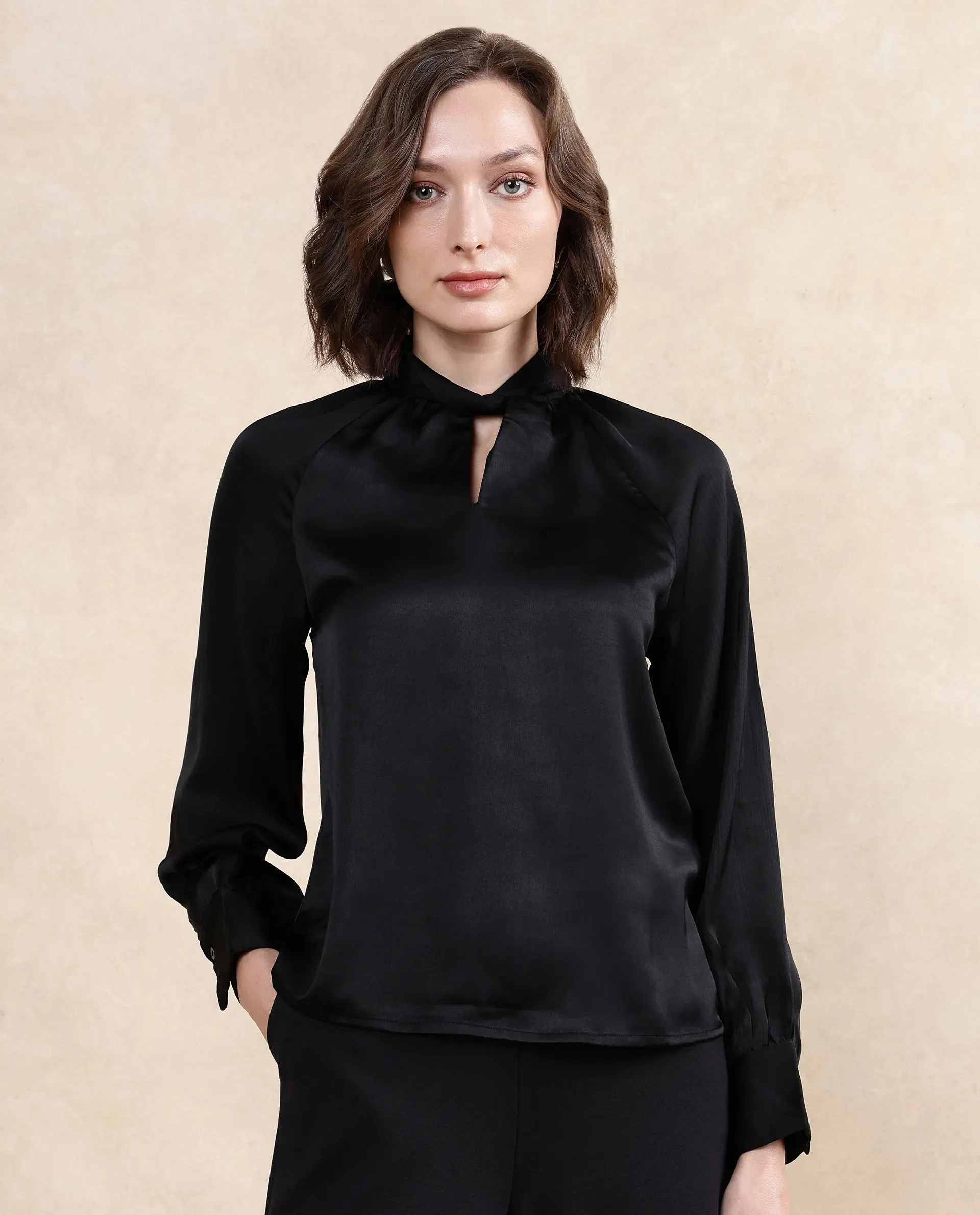 Rareism Women Innoga Black Satin Cuffed Sleeve High Neck Button Closure Plain Top