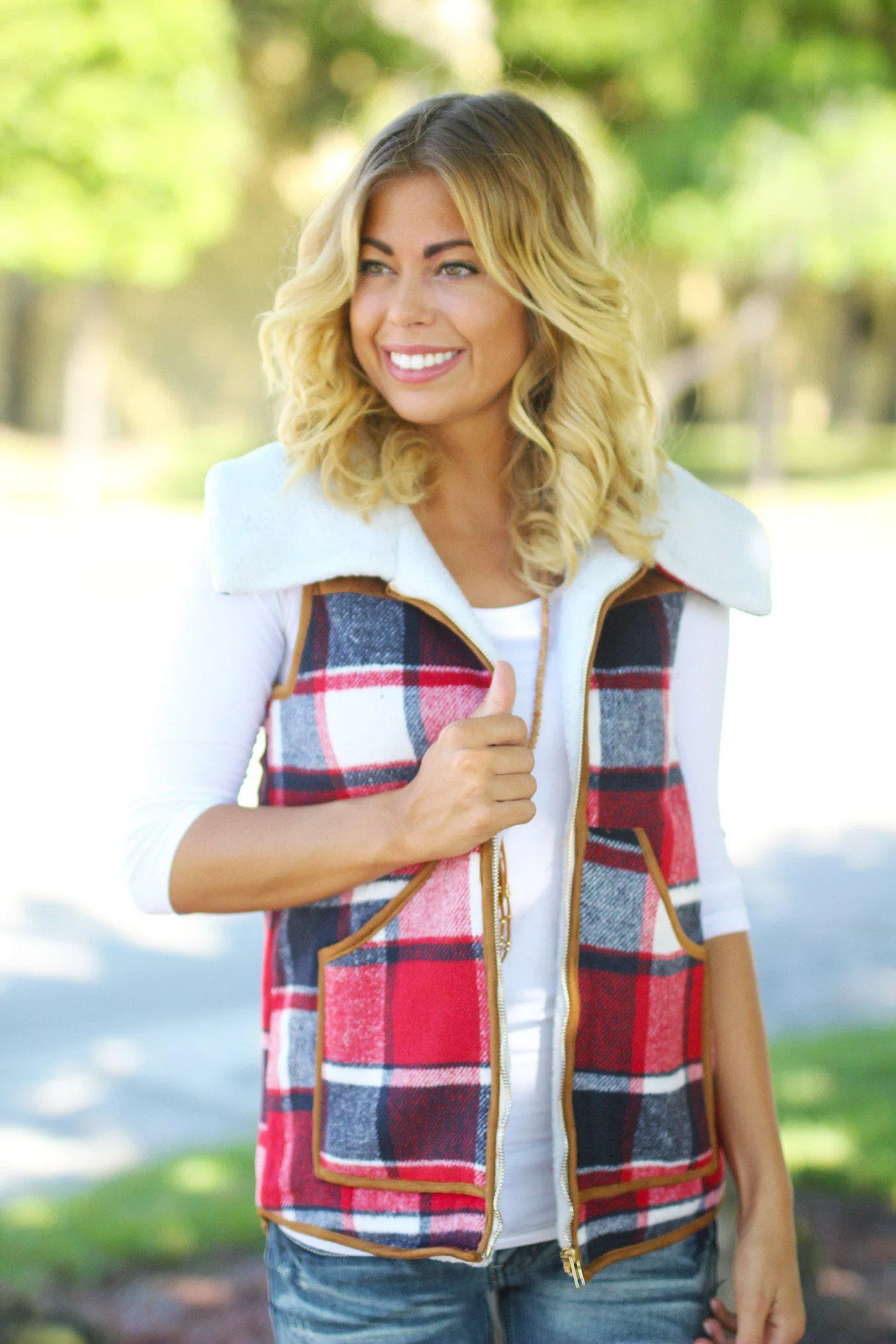 Red Plaid Faux Fur Vest