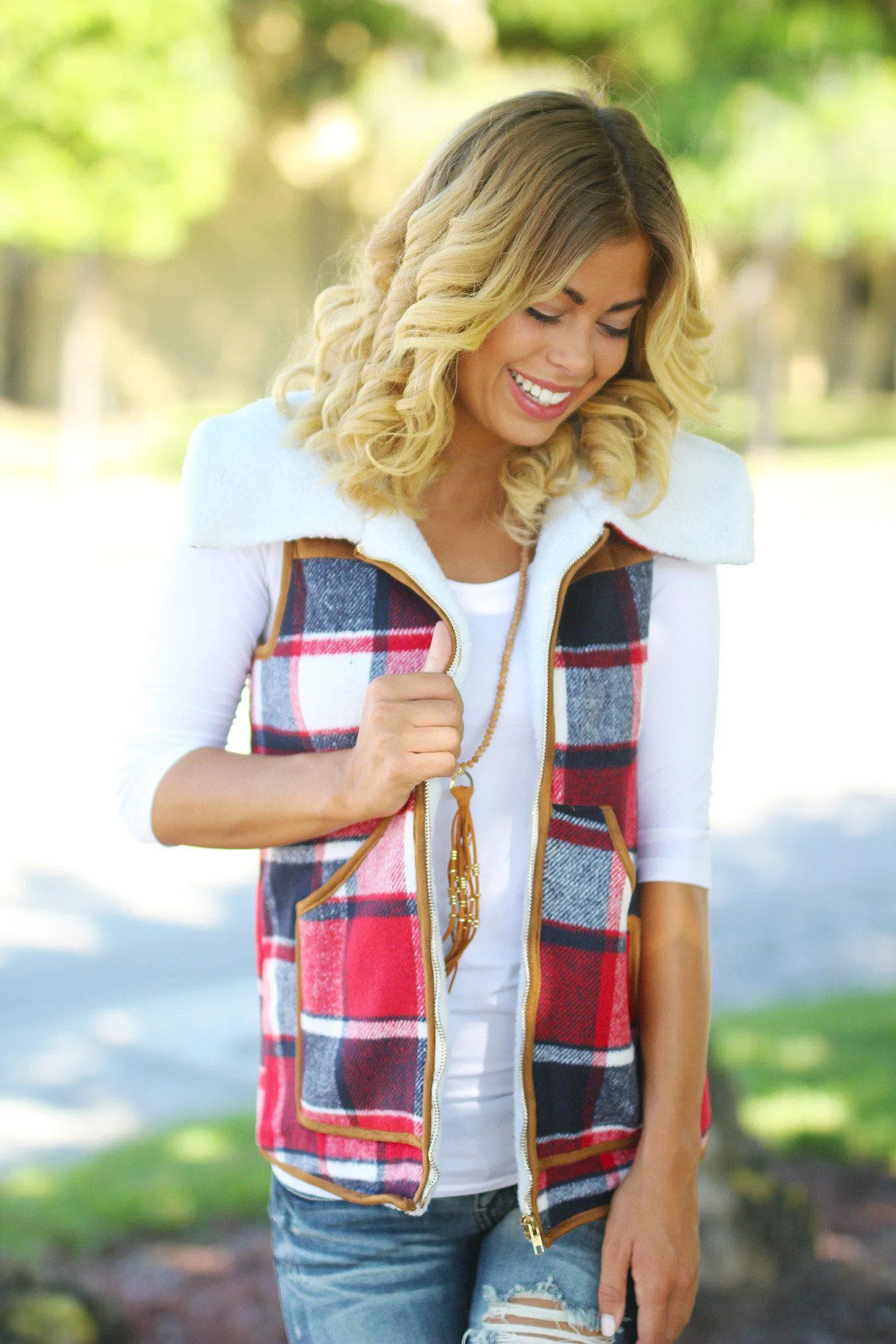 Red Plaid Faux Fur Vest