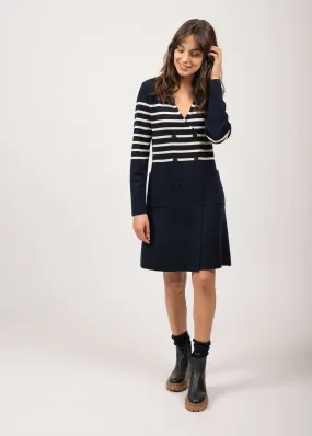 Royale striped dress in wool - crossed V neck (NAVY/ECUME)