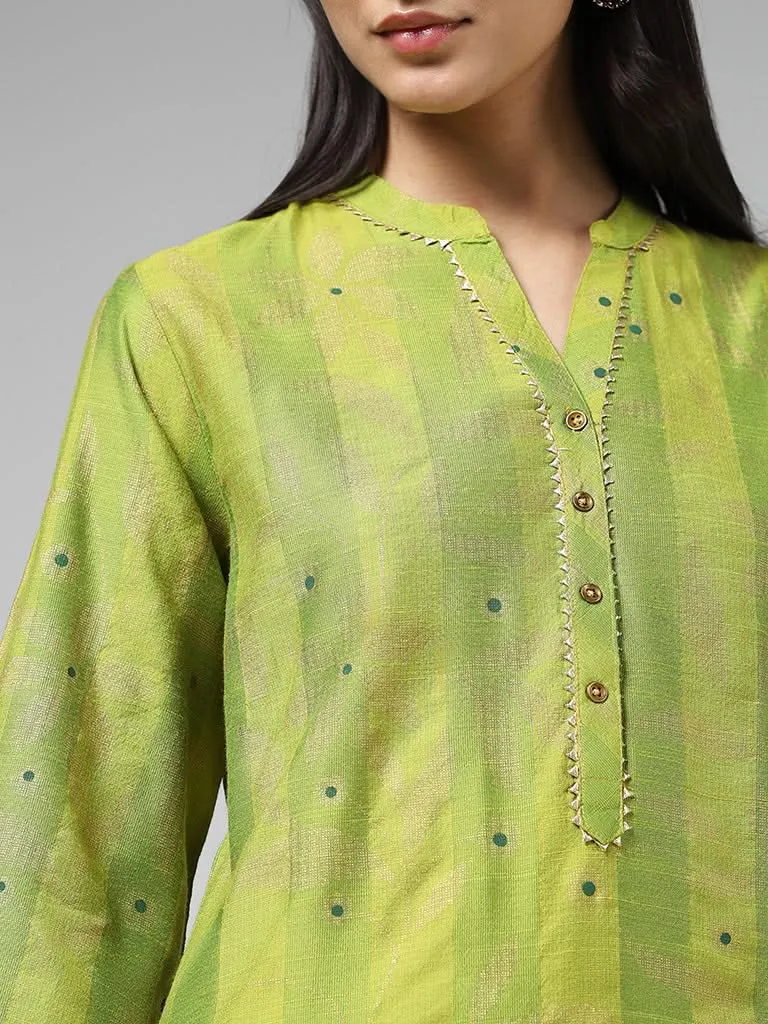 Utsa Lime Green Striped A-Line Kurta