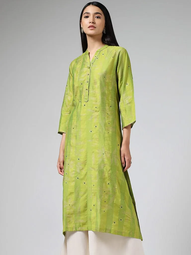 Utsa Lime Green Striped A-Line Kurta