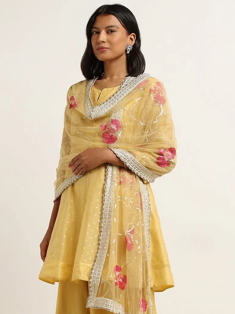 Vark Yellow A-line Kurta, Palazzos and Dupatta Set