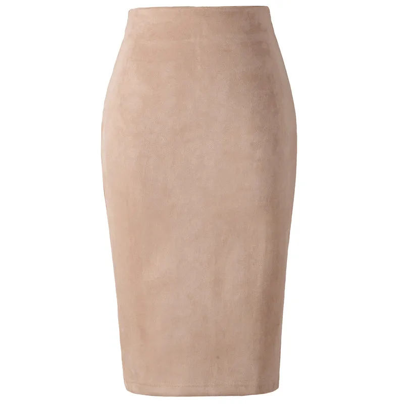 VenusFox Suede Basic Bodycon Multi Color Pencil Midi Skirt