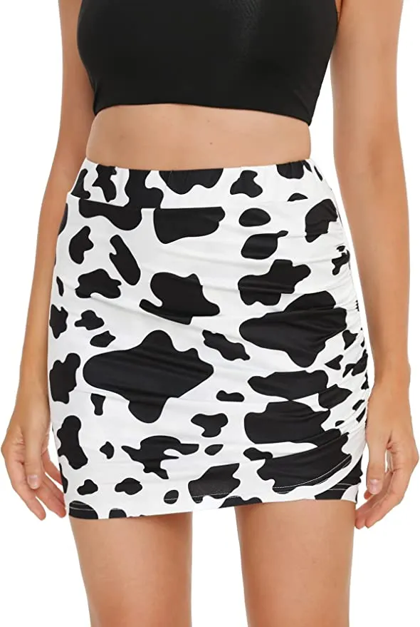 Wholesale Women's Elegant Ruched High Waist Bodycon Wrap Mini Skirt Cow Print