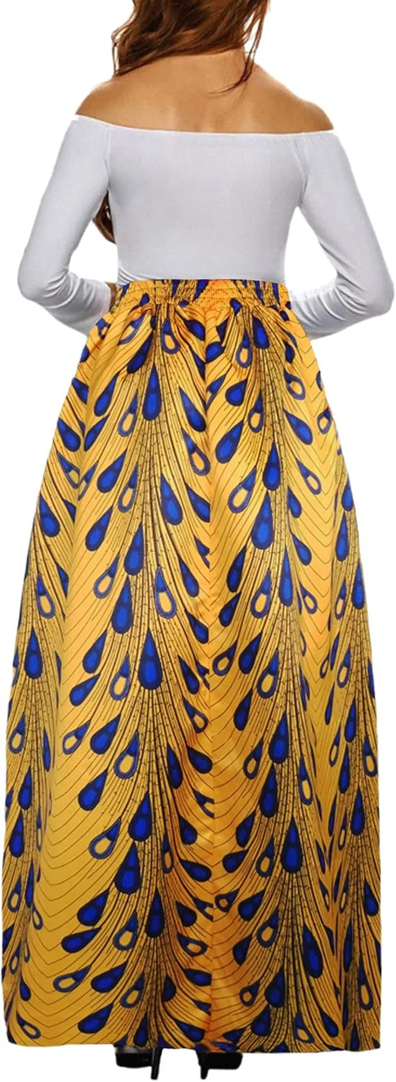 Women African Printed Maxi Skirt Flared Skirt a Line Long Skirts with Pockets S-5XL