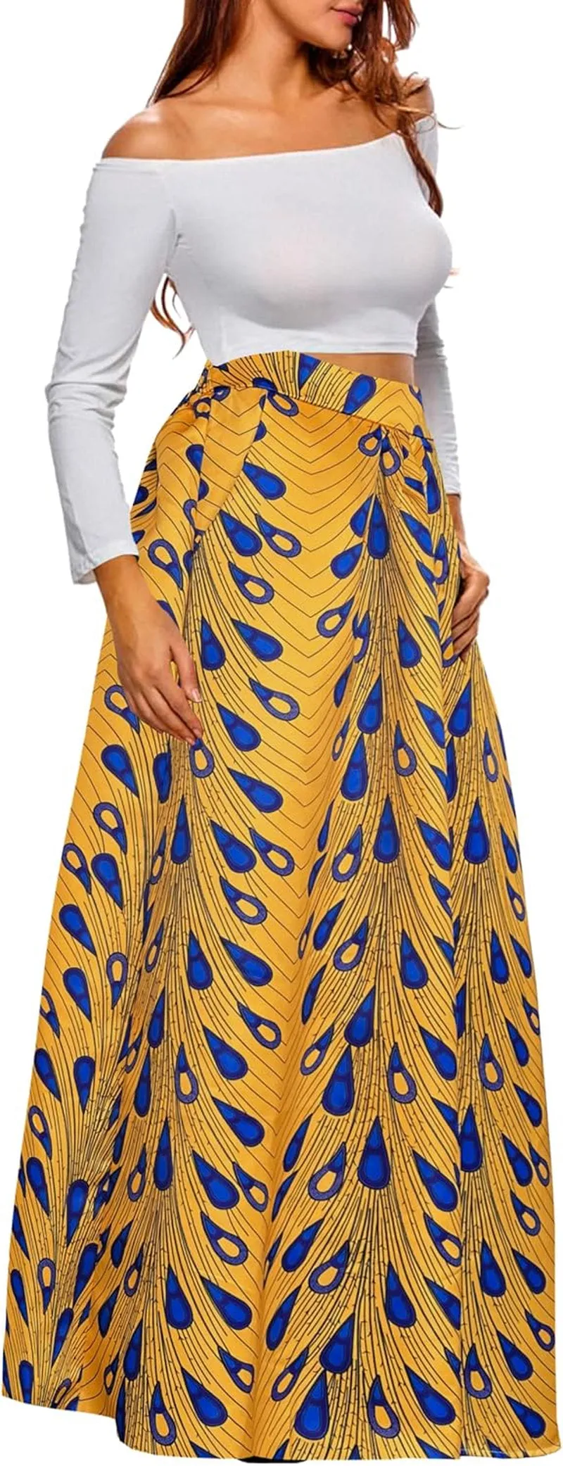 Women African Printed Maxi Skirt Flared Skirt a Line Long Skirts with Pockets S-5XL