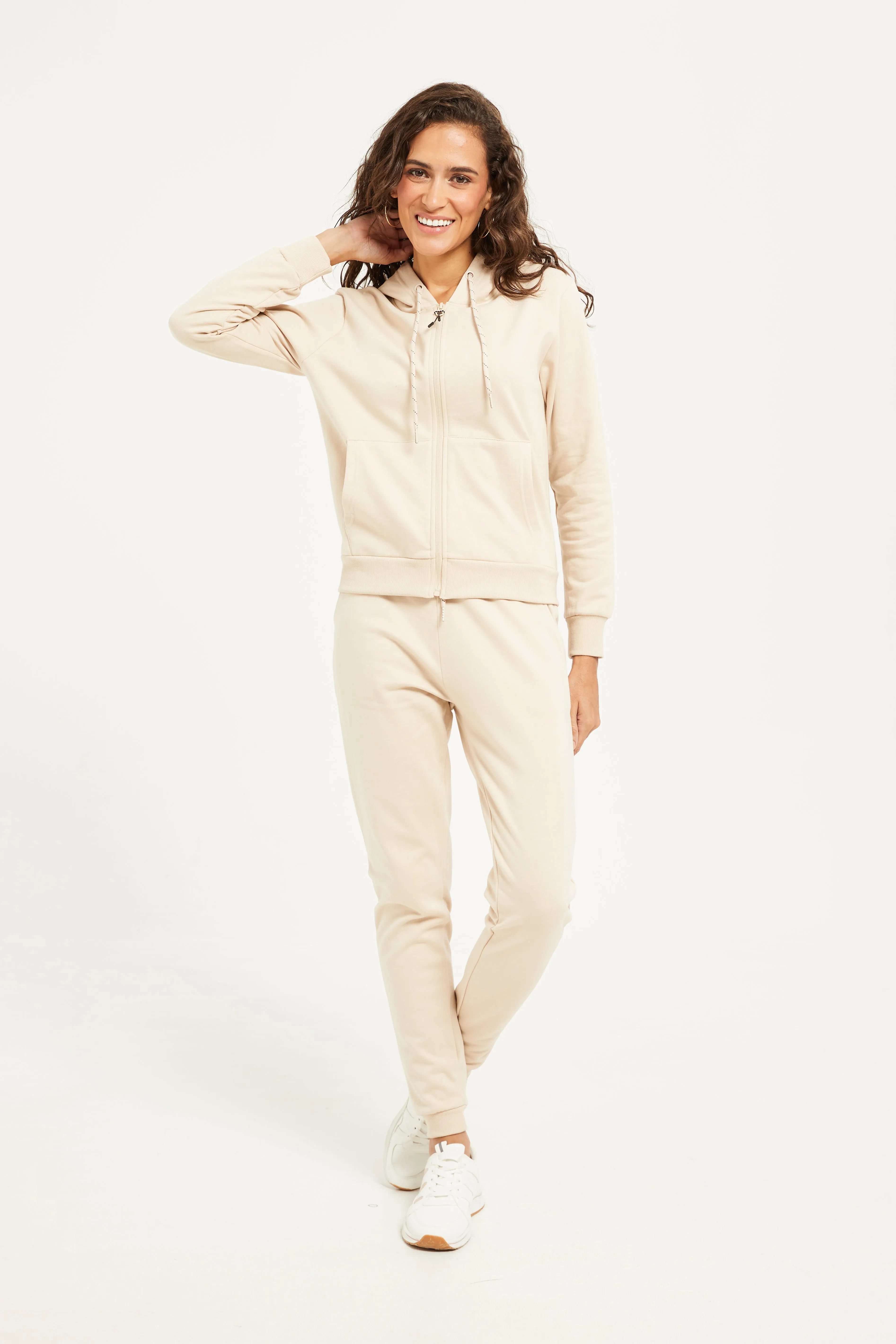 Women Beige Plain Zip Through Hoodie