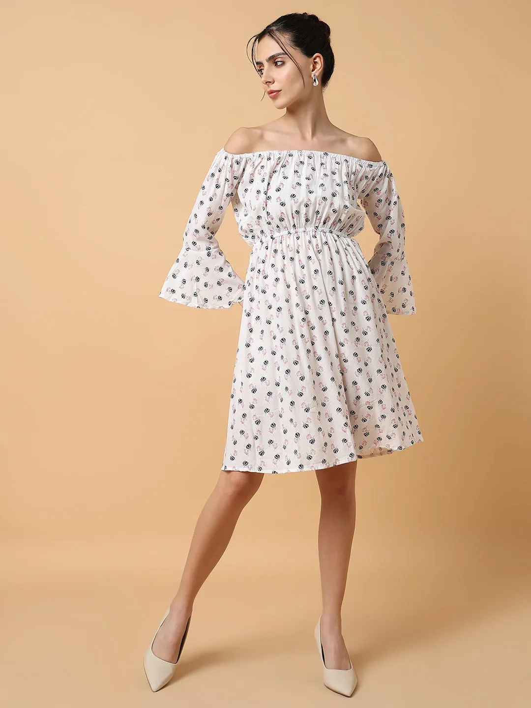 Women's A-Line White Printed Dress