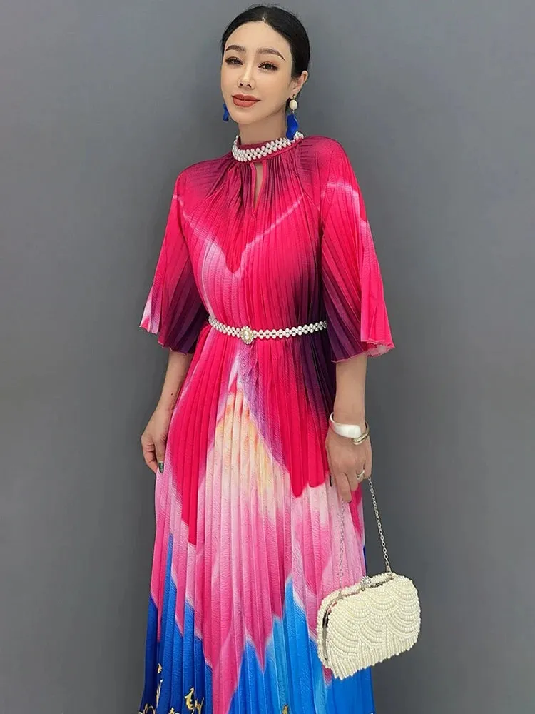 Women's Stylish Pink & Blue Gradient Pleated Midi Dress