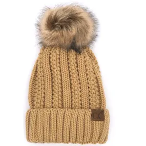 YJ-820 SHERPA LINED BEANIE W/FAUX FUR POM - CAMEL